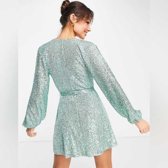 New ASOS DESIGN Wrap Mini Dress with Volume Sleeve in Mint Sequin - Picture 6 of 14